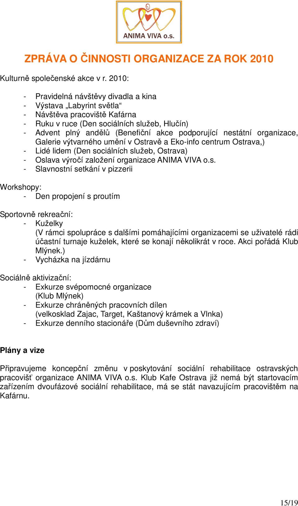 nestátní organizace, Galerie výtvarného umění v Ostravě a Eko-info centrum Ostrava,) - Lidé lidem (Den sociálních služeb, Ostrava) - Oslava výročí založení organizace ANIMA VIVA o.s. - Slavnostní