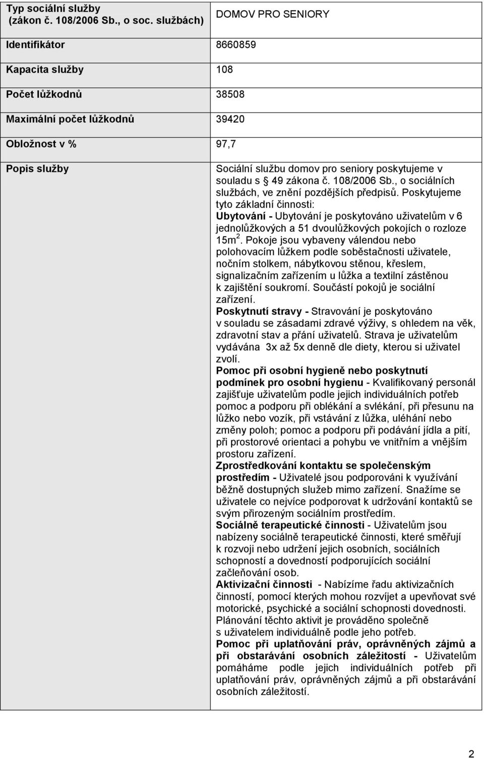 v souladu s 49 zákona č. 108/2006 Sb., o sociálních službách, ve znění pozdějších předpisů.