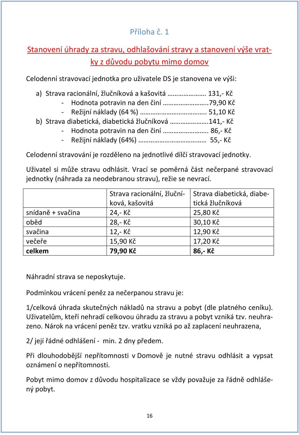 žlučníková a kašovitá. 131,- Kč - Hodnota potravin na den činí..79,90 Kč - Režijní náklady (64 %).. 51,10 Kč b) Strava diabetická, diabetická žlučníková.141,- Kč - Hodnota potravin na den činí.