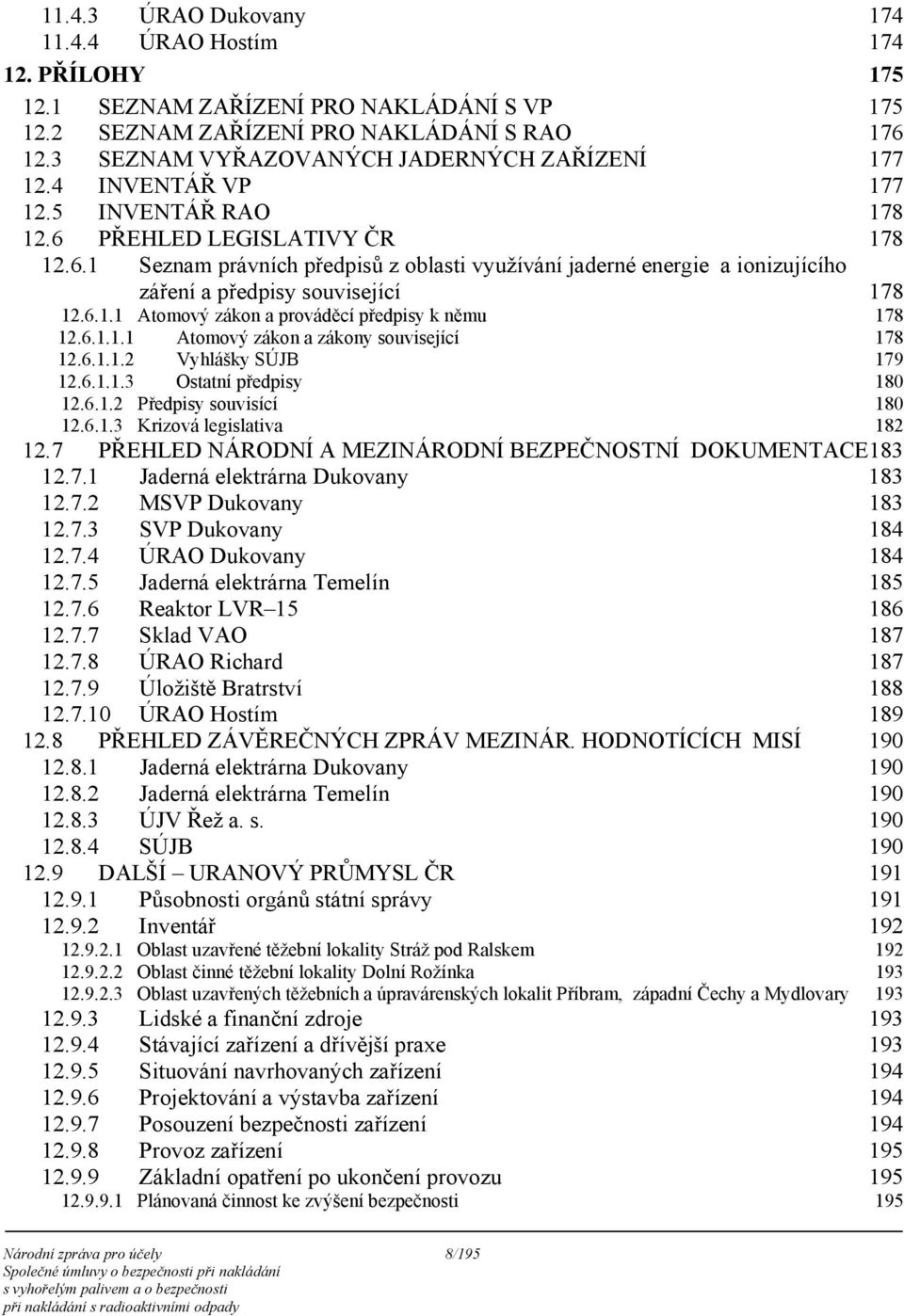 PŘEHLED LEGISLATIVY ČR 178 12.6.1 Seznam právních předpisů z oblasti využívání jaderné energie a ionizujícího záření a předpisy související 178 12.6.1.1 Atomový zákon a prováděcí předpisy k němu 178 12.