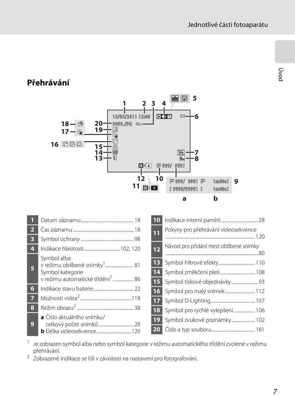 .. 22 7 Možnosti videa 2...118 8 Režim obrazu 2... 38 9 a Číslo aktuálního snímku/ celkový počet snímků... 28 b Délka videosekvence...120 10 Indikace interní paměti.