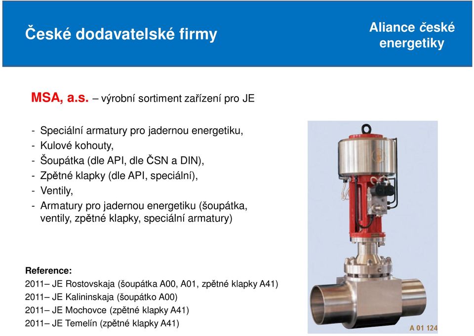 API, dle SN a DIN), - Zp tné klapky (dle API, speciální), - Ventily, - Armatury pro jadernou energetiku (šoupátka,