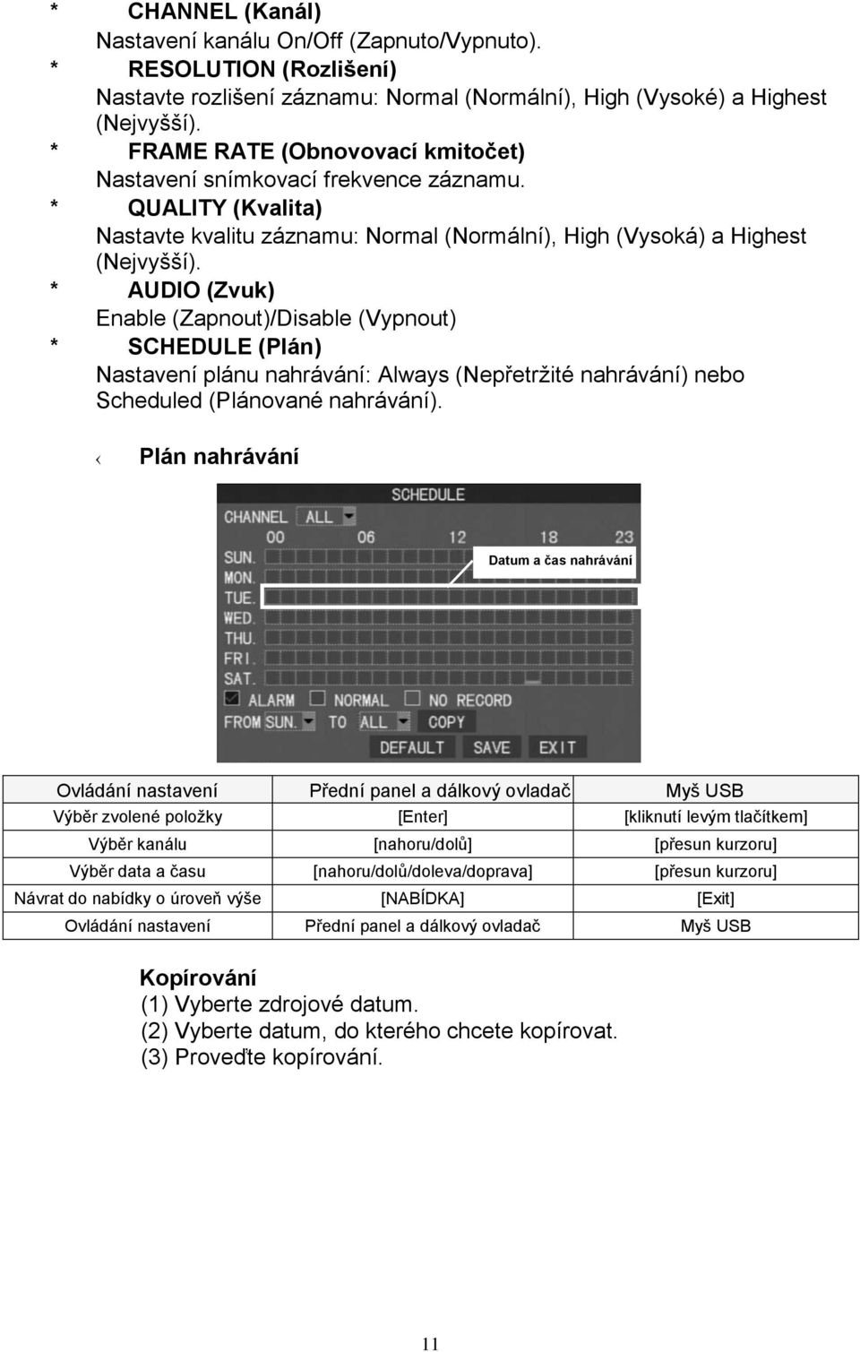 * AUDIO (Zvuk) Enable (Zapnout)/Disable (Vypnout) * SCHEDULE (Plán) Nastavení plánu nahrávání: Always (Nepřetrţité nahrávání) nebo Scheduled (Plánované nahrávání).