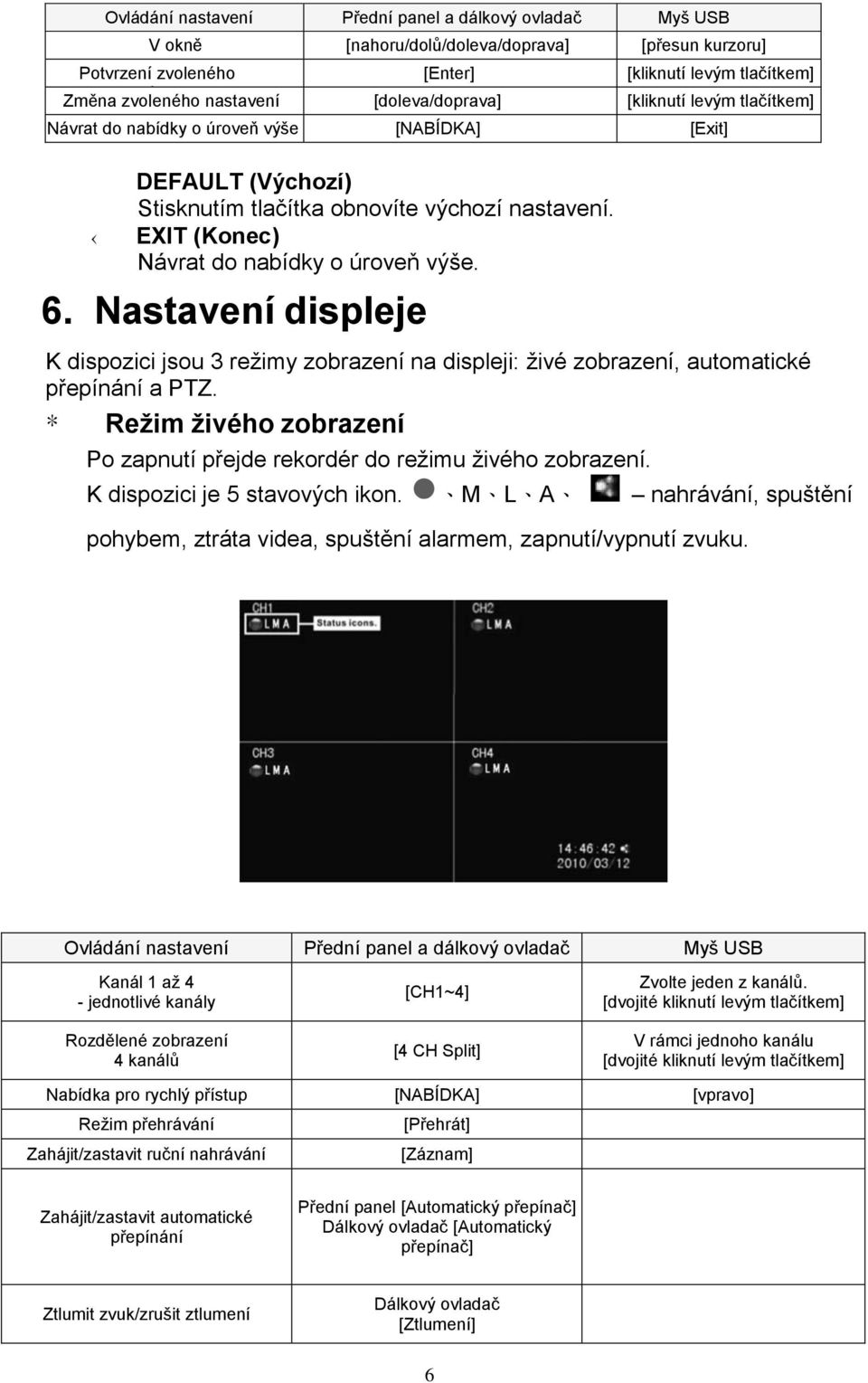 EXIT (Konec) Návrat do nabídky o úroveň výše. 6. Nastavení displeje K dispozici jsou 3 reţimy zobrazení na displeji: ţivé zobrazení, automatické přepínání a PTZ.