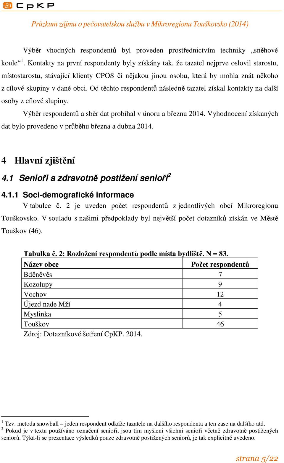 obci. Od těchto respondentů následně tazatel získal kontakty na další osoby z cílové slupiny. Výběr respondentů a sběr dat probíhal v únoru a březnu 2014.