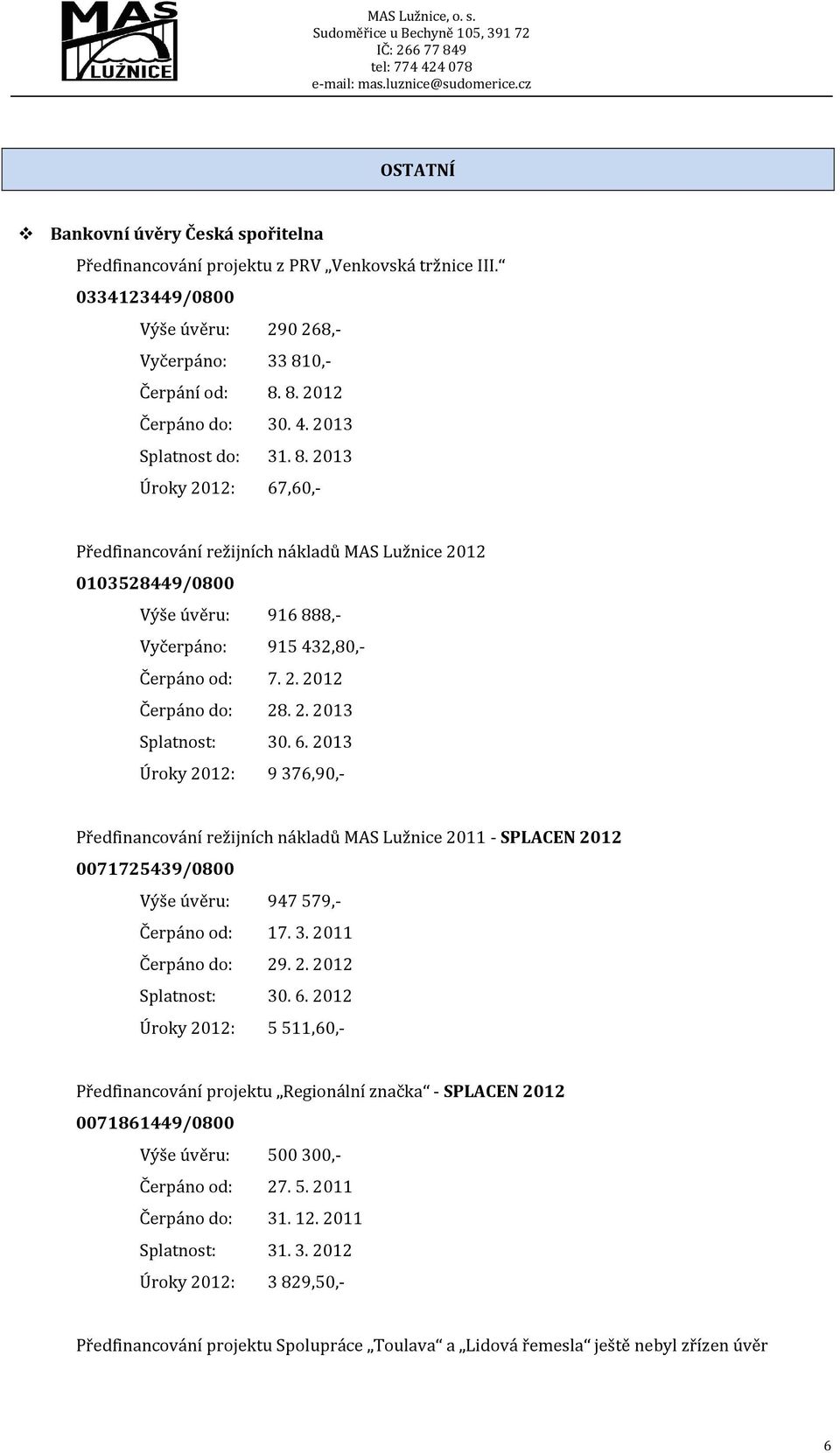 2. 2013 Splatnost: 30. 6. 2013 Úroky 2012: 9 376,90,- Předfinancování režijních nákladů MAS Lužnice 2011 - SPLACEN 2012 0071725439/0800 Výše úvěru: 947 579,- Čerpáno od: 17. 3. 2011 Čerpáno do: 29. 2. 2012 Splatnost: 30.