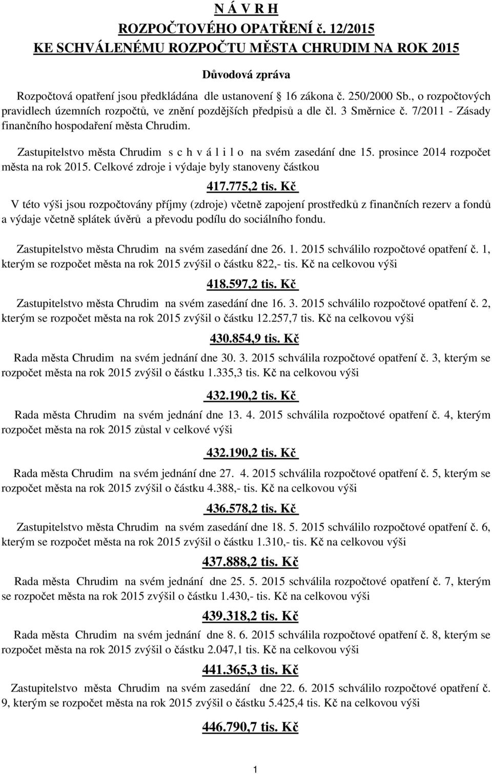 Zastupitelstvo města Chrudim s c h v á l i l o na svém zasedání dne 15. prosince 2014 rozpočet města na rok 2015. Celkové zdroje i výdaje byly stanoveny částkou 417.775,2 tis.