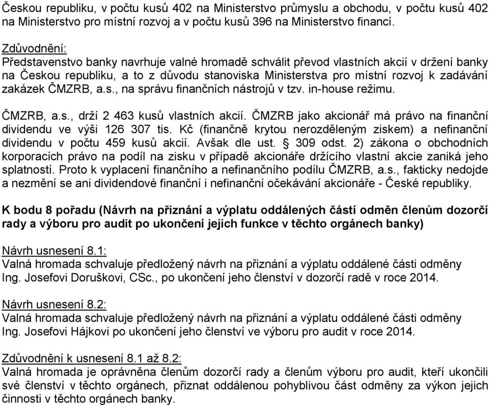 in-house režimu. ČMZRB, a.s., drží 2 463 kusů vlastních akcií. ČMZRB jako akcionář má právo na finanční dividendu ve výši 126 307 tis.