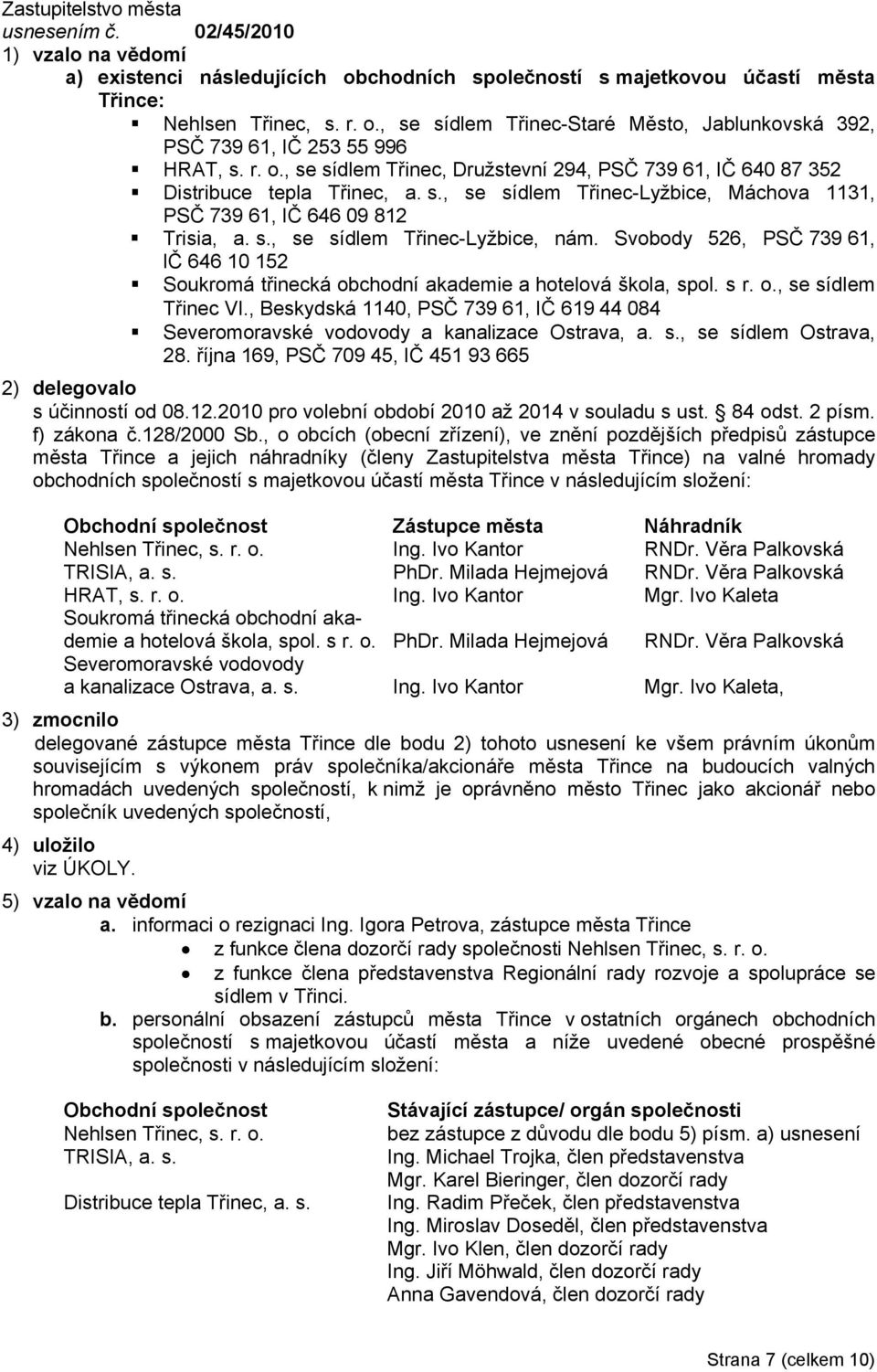 Svobody 526, PSČ 739 61, IČ 646 10 152 Soukromá třinecká obchodní akademie a hotelová škola, spol. s r. o., se sídlem Třinec VI.