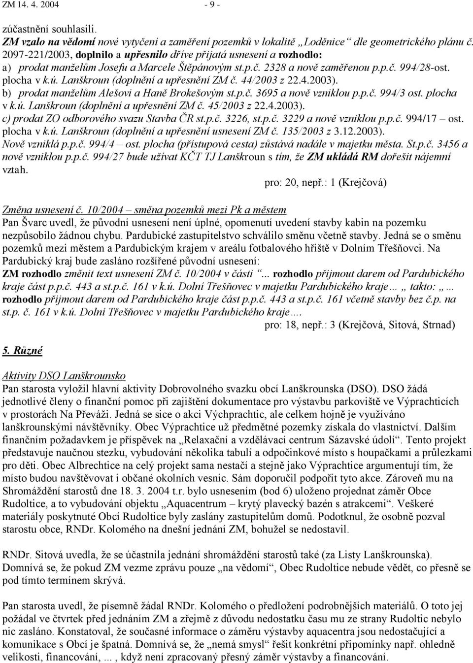 Lanškroun (doplnění a upřesnění ZM č. 44/2003 z 22.4.2003). b) prodat manţelům Alešovi a Haně Brokešovým st.p.č. 3695 a nově vzniklou p.p.č. 994/3 ost. plocha v k.ú.