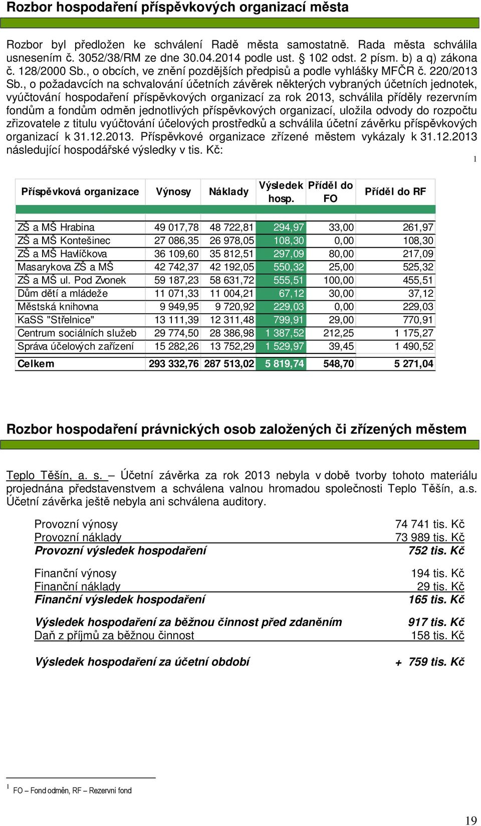 , o požadavcích na schvalování účetních závěrek některých vybraných účetních jednotek, vyúčtování hospodaření příspěvkových organizací za rok 2013, schválila příděly rezervním fondům a fondům odměn