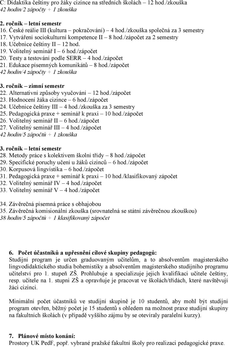 Testy a testování podle SERR 4 hod./zápočet 21. Edukace písemných komunikátů 8 hod./zápočet 42 hodin/4 zápočty + 1 zkouška 3. ročník zimní semestr 22. Alternativní způsoby vyučování 12 hod.