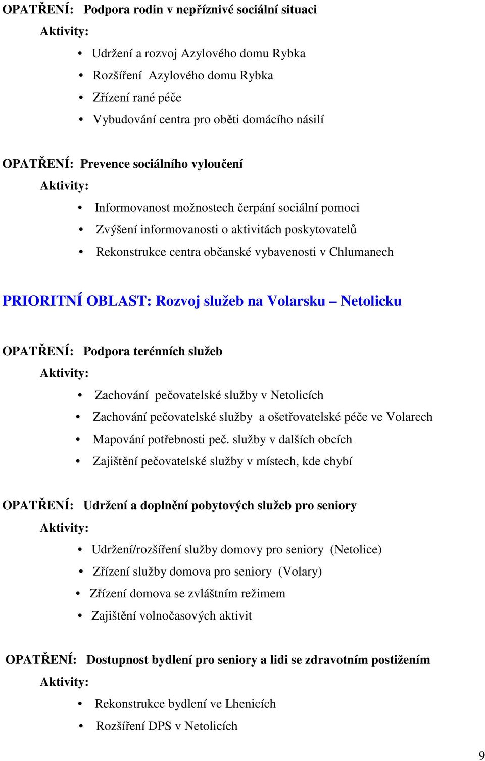 OBLAST: Rozvoj služeb na Volarsku Netolicku OPATŘENÍ: Podpora terénních služeb Zachování pečovatelské služby v Netolicích Zachování pečovatelské služby a ošetřovatelské péče ve Volarech Mapování