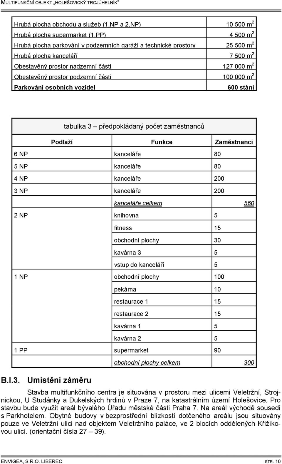 části 100 000 m 2 Parkování osobních vozidel 600 stání tabulka 3 předpokládaný počet zaměstnanců Podlaží Funkce Zaměstnanci 6 NP kanceláře 80 5 NP kanceláře 80 4 NP kanceláře 200 3 NP kanceláře 200