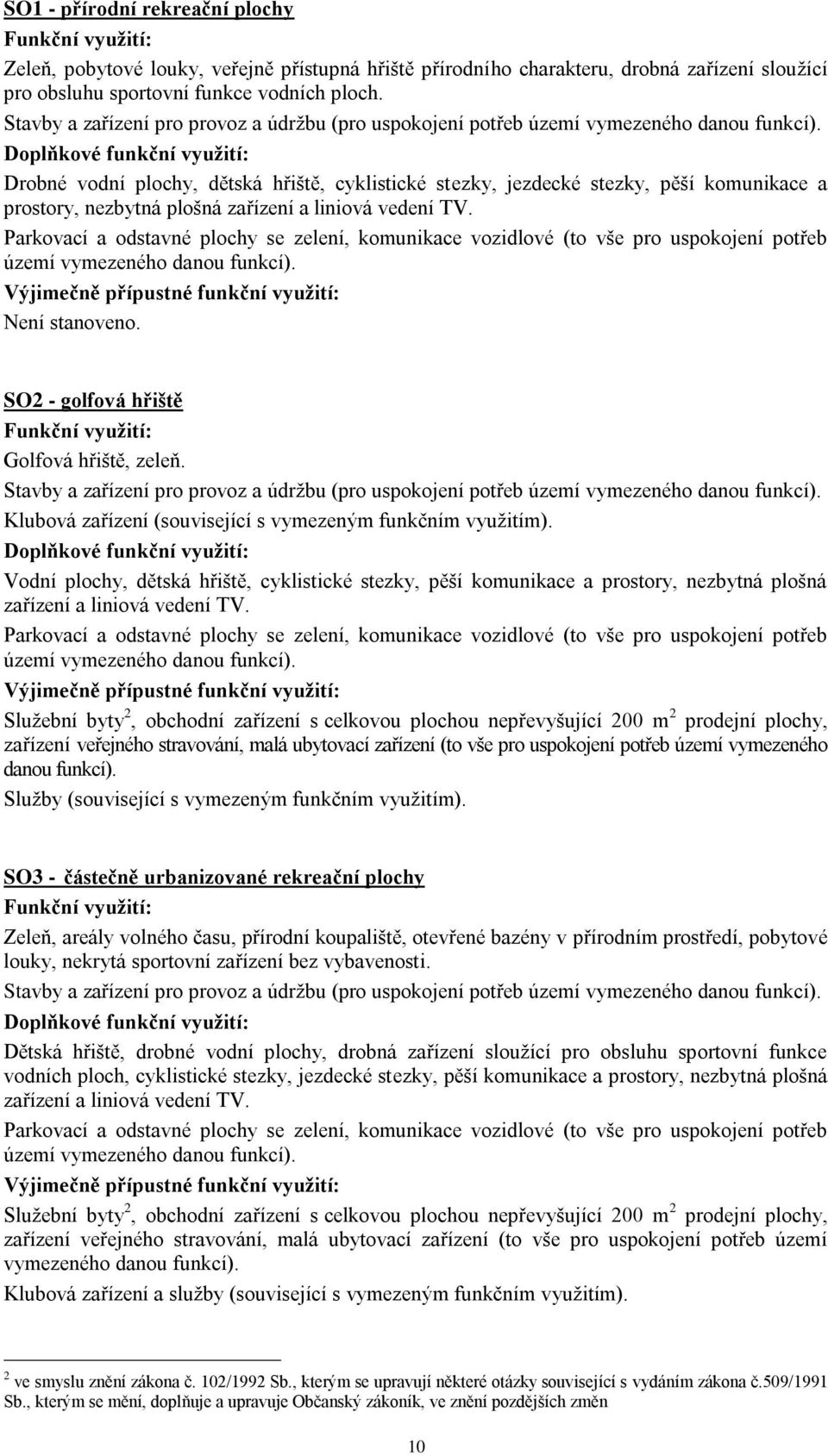 Doplňkové funkční využití: Drobné vodní plochy, dětská hřiště, cyklistické stezky, jezdecké stezky, pěší komunikace a prostory, nezbytná plošná zařízení a liniová vedení TV.