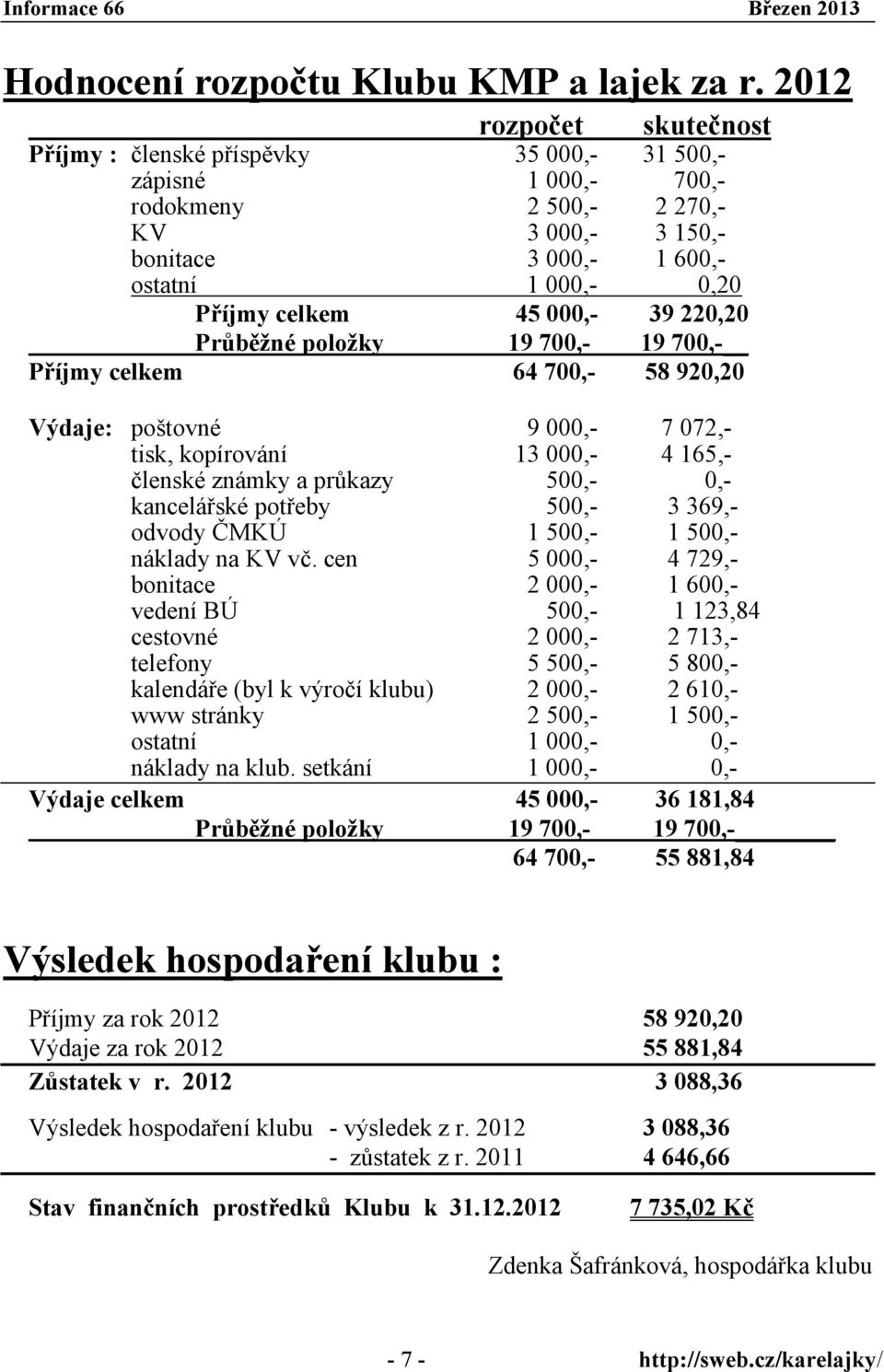 000,- 39 220,20 Průběžné položky 19 700,- 19 700,- Příjmy celkem 64 700,- 58 920,20 Výdaje: poštovné 9 000,- 7 072,- tisk, kopírování 13 000,- 4 165,- členské známky a průkazy 500,- 0,- kancelářské