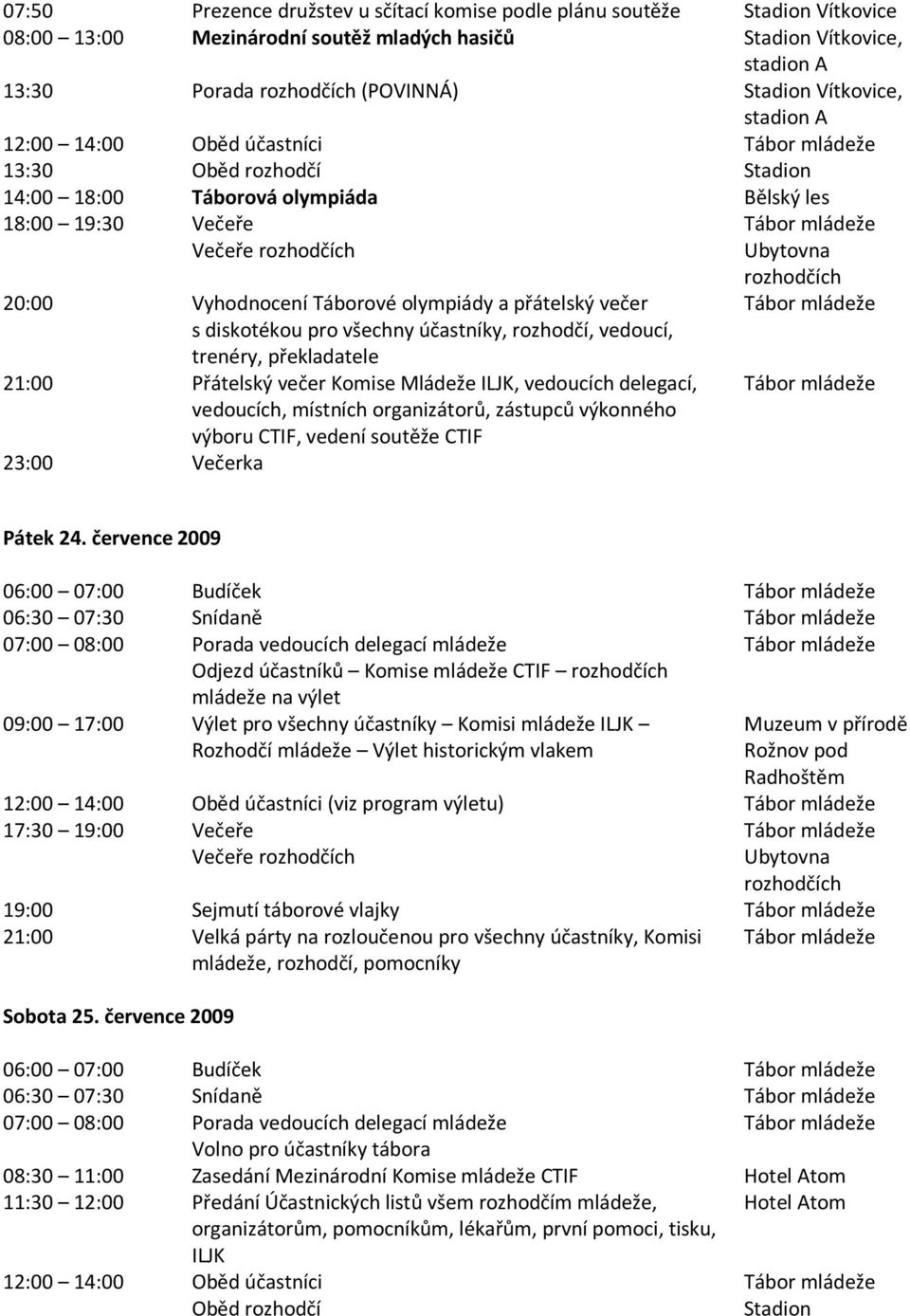 účastníky, rozhodčí, vedoucí, trenéry, překladatele 21:00 Přátelský večer Komise Mládeže ILJK, vedoucích delegací, vedoucích, místních organizátorů, zástupců výkonného výboru CTIF, vedení soutěže