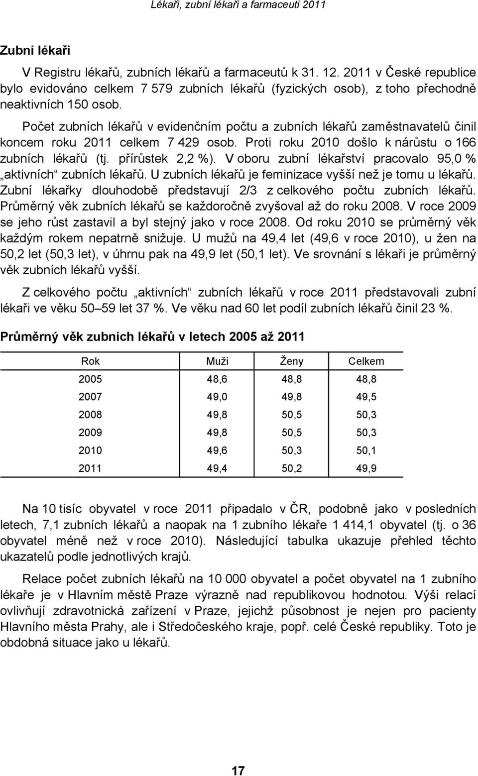 V oboru zubní lékařství pracovalo 95,0 % aktivních zubních lékařů. U zubních lékařů je feminizace vyšší než je tomu u lékařů. Zubní lékařky dlouhodobě představují 2/3 z celkového počtu zubních lékařů.