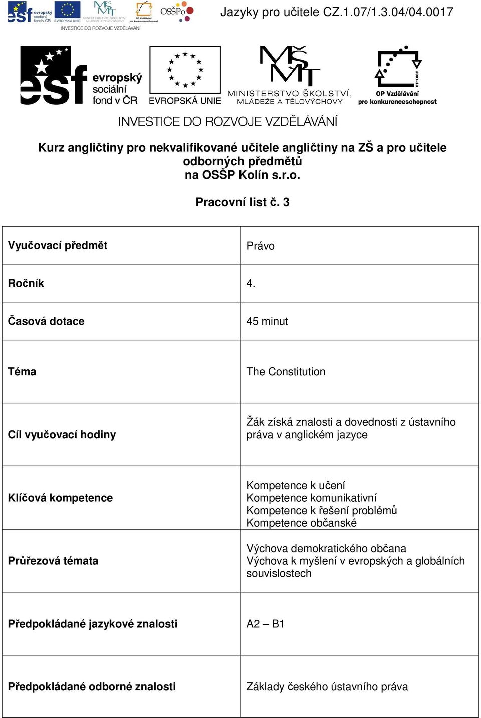 Časová dotace 45 minut Téma The Constitution Cíl vyučovací hodiny Žák získá znalosti a dovednosti z ústavního práva v anglickém jazyce Klíčová kompetence