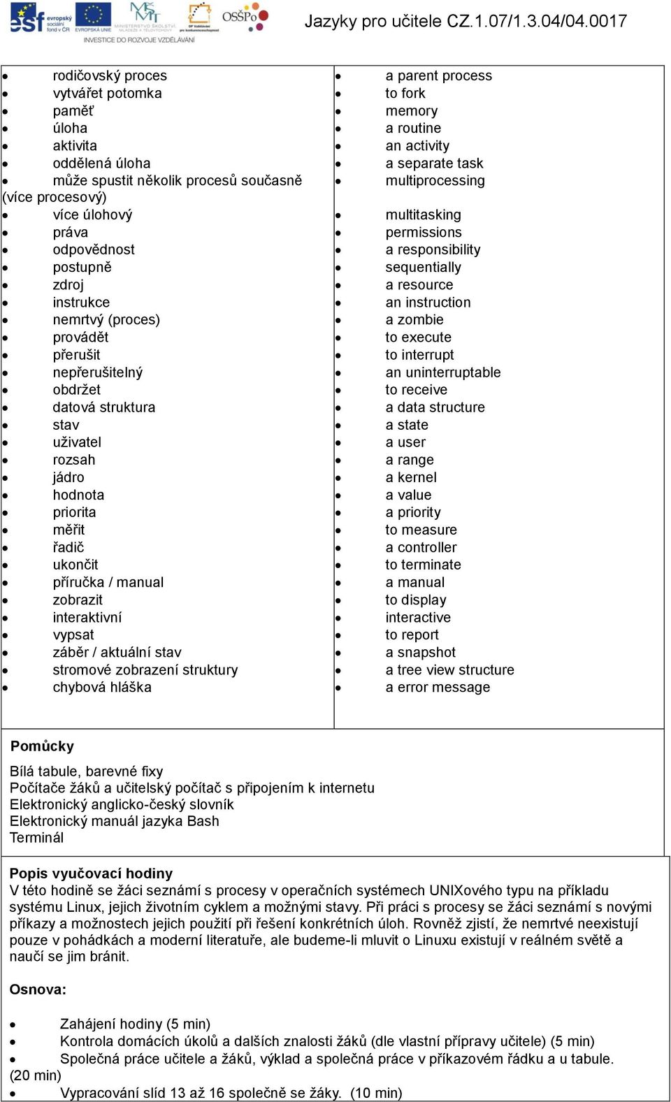 zobrazení struktury chybová hláška a parent process to fork memory a routine an activity a separate task multiprocessing multitasking permissions a responsibility sequentially a resource an