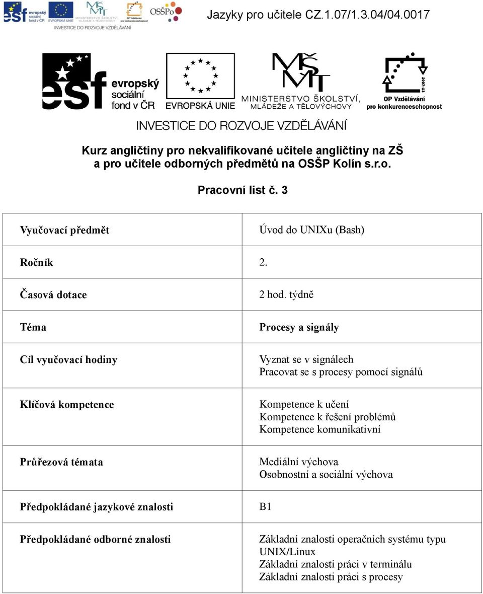 týdně Téma Procesy a signály Cíl vyučovací hodiny Vyznat se v signálech Pracovat se s procesy pomocí signálů Klíčová kompetence Kompetence k učení Kompetence k