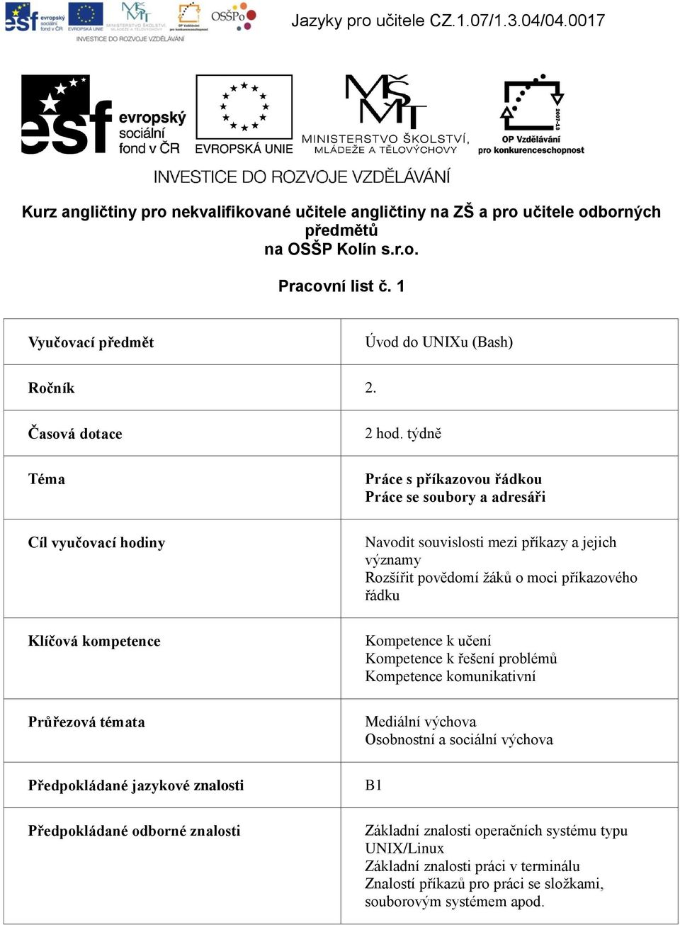 týdně Téma Práce s příkazovou řádkou Práce se soubory a adresáři Cíl vyučovací hodiny Navodit souvislosti mezi příkazy a jejich významy Rozšířit povědomí žáků o moci příkazového řádku