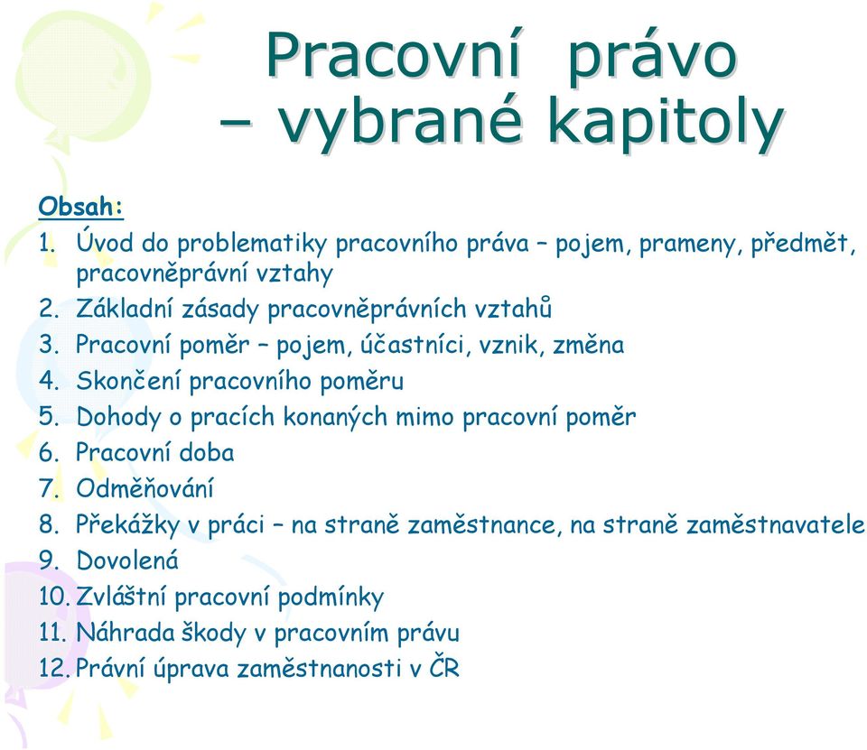 Základní zásady pracovněprávních vztahů 3. Pracovní poměr pojem, účastníci, vznik, změna 4. Skončení pracovního poměru 5.