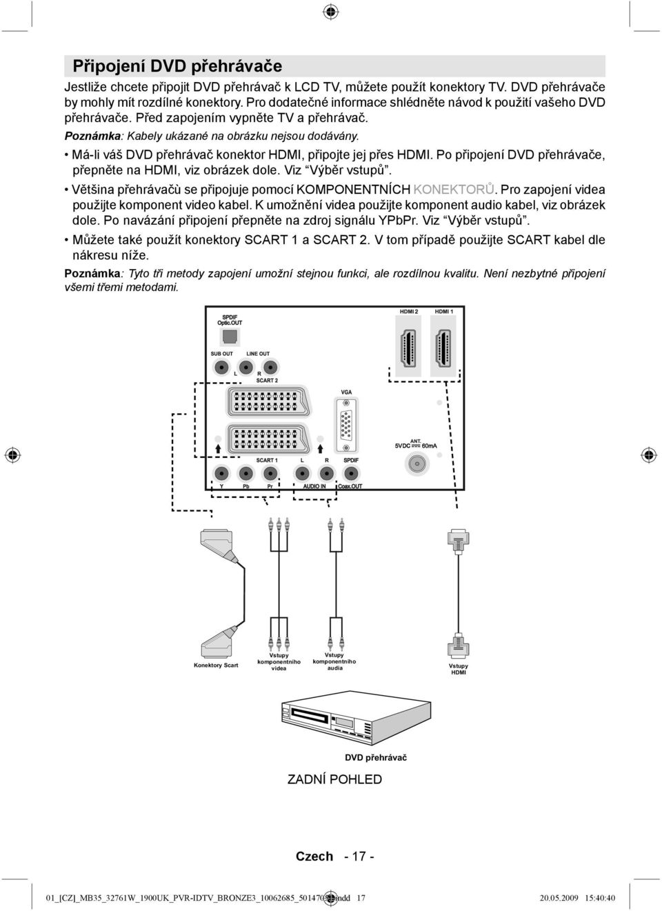 Má-li váš DVD přehrávač konektor HDMI, připojte jej přes HDMI. Po připojení DVD přehrávače, přepněte na HDMI, viz obrázek dole. Viz Výběr vstupů.