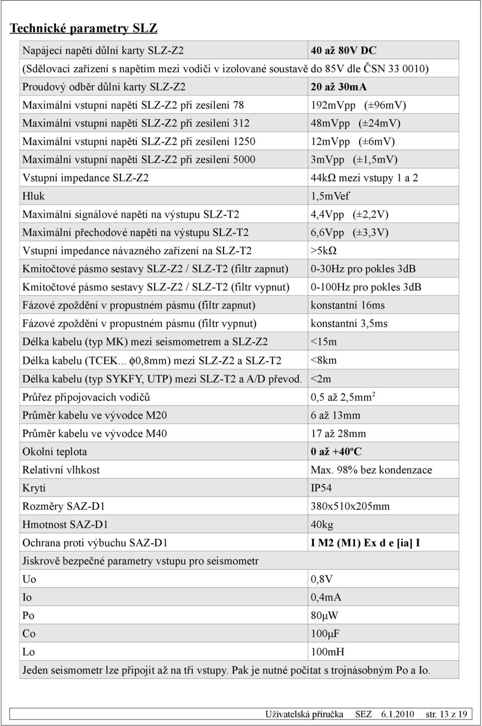 Maximální vstupní napětí SLZ-Z2 při zesílení 5000 3mVpp (±1,5mV) Vstupní impedance SLZ-Z2 44kΩ mezi vstupy 1 a 2 Hluk 1,5mVef Maximální signálové napětí na výstupu SLZ-T2 4,4Vpp (±2,2V) Maximální