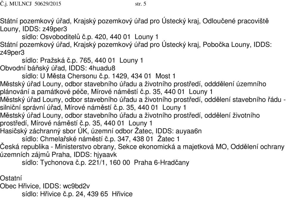 p. 35, 440 01 Louny 1 Městský úřad Louny, odbor stavebního úřadu a životního prostředí, oddělení stavebního řádu - silniční správní úřad, Mírové náměstí č.p. 35, 440 01 Louny 1 Městský úřad Louny, odbor stavebního úřadu a životního prostředí, oddělení životního prostředí, Mírové náměstí č.