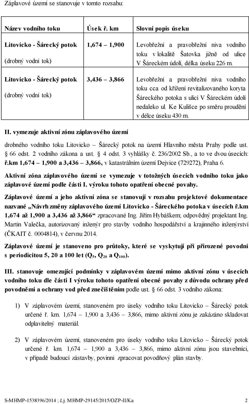 ulice V Šáreckém údolí, délka úseku 226 m. 3,436 3,866 Levobřežní a pravobřežní niva vodního toku cca od křížení revitalizovaného koryta Šáreckého potoka s ulicí V Šáreckém údolí nedaleko ul.