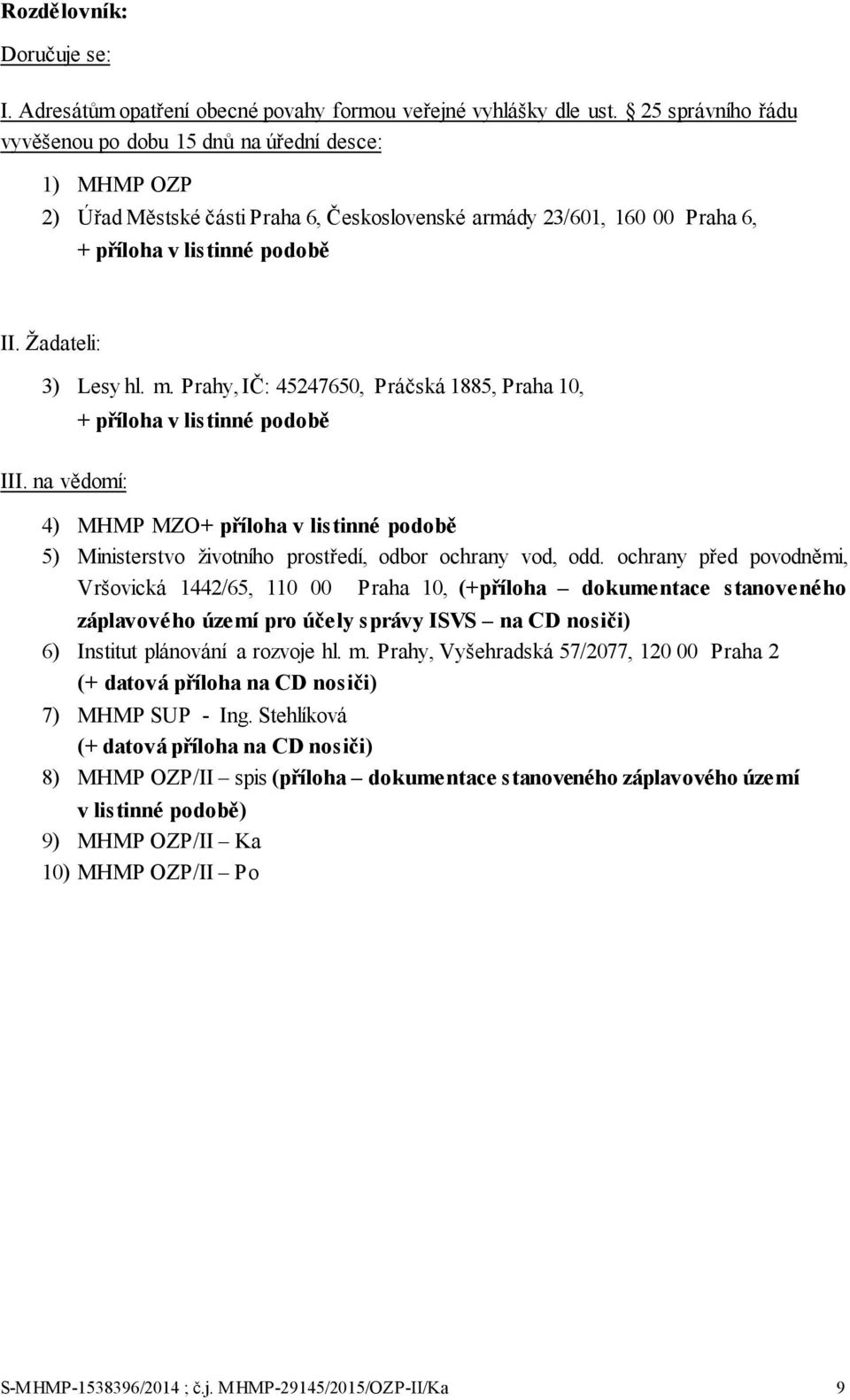 Žadateli: 3) Lesy hl. m. Prahy, IČ: 45247650, Práčská 1885, Praha 10, + příloha v listinné podobě III.