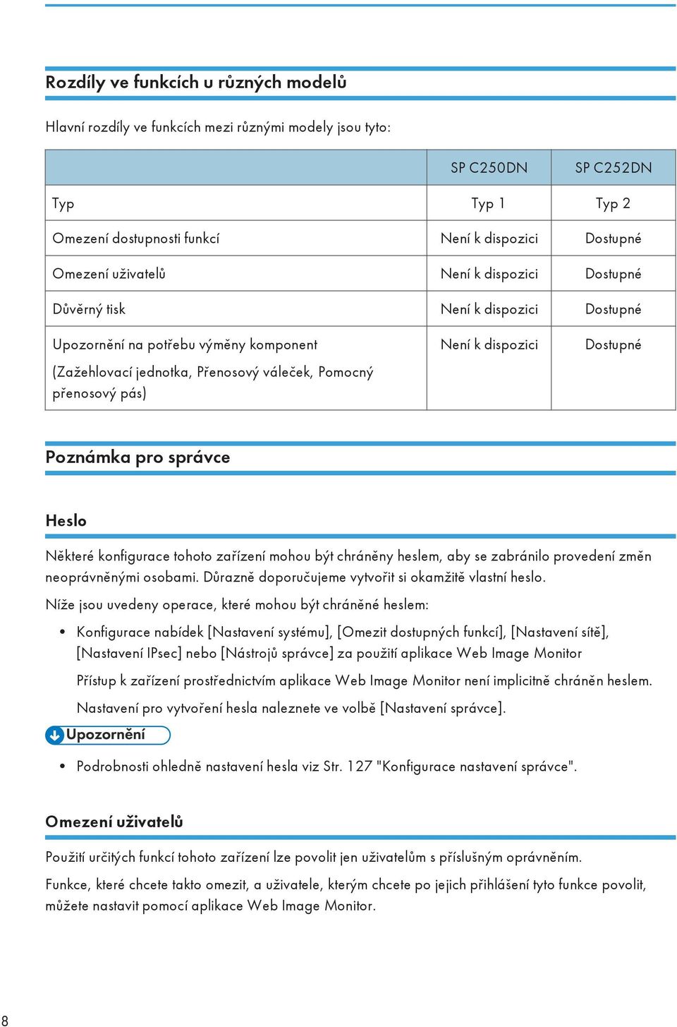 Dostupné Poznámka pro správce Heslo Některé konfigurace tohoto zařízení mohou být chráněny heslem, aby se zabránilo provedení změn neoprávněnými osobami.