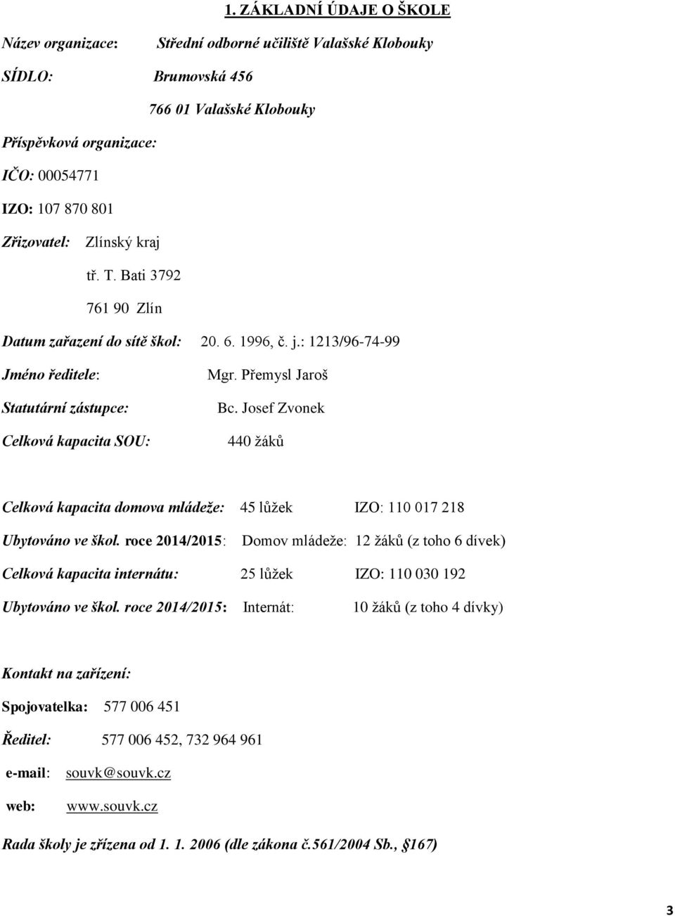 Josef Zvonek 440 žáků Celková kapacita domova mládeže: 45 lůžek IZO: 110 017 218 Ubytováno ve škol.