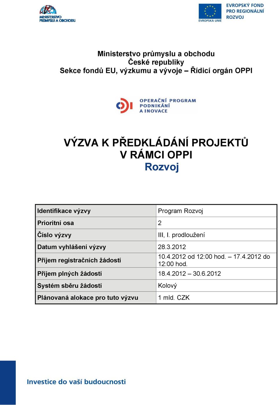 prodloužení Datum vyhlášení výzvy 28.3.2012 Příjem registračních žádostí 10.4.2012 od 12:00 hod. 17.4.2012 do 12:00 hod.