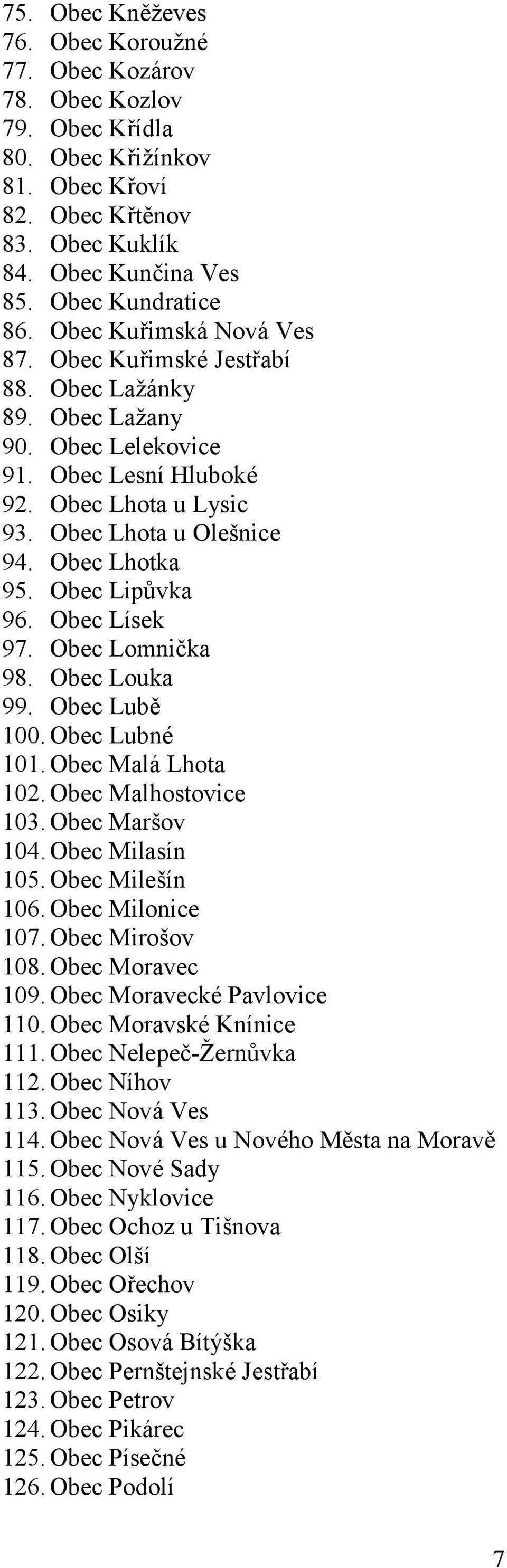 Obec Lipůvka 96. Obec Lísek 97. Obec Lomnička 98. Obec Louka 99. Obec Lubě 100. Obec Lubné 101. Obec Malá Lhota 102. Obec Malhostovice 103. Obec Maršov 104. Obec Milasín 105. Obec Milešín 106.