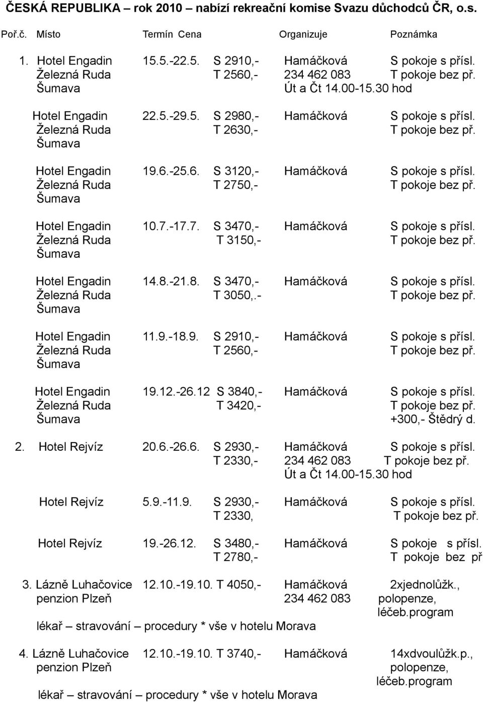 6. S 3120,- Hamáčková S pokoje s přísl. Ţelezná Ruda T 2750,- T pokoje bez př. Hotel Engadin 10.7.-17.7. S 3470,- Hamáčková S pokoje s přísl. Ţelezná Ruda T 3150,- T pokoje bez př. Hotel Engadin 14.8.