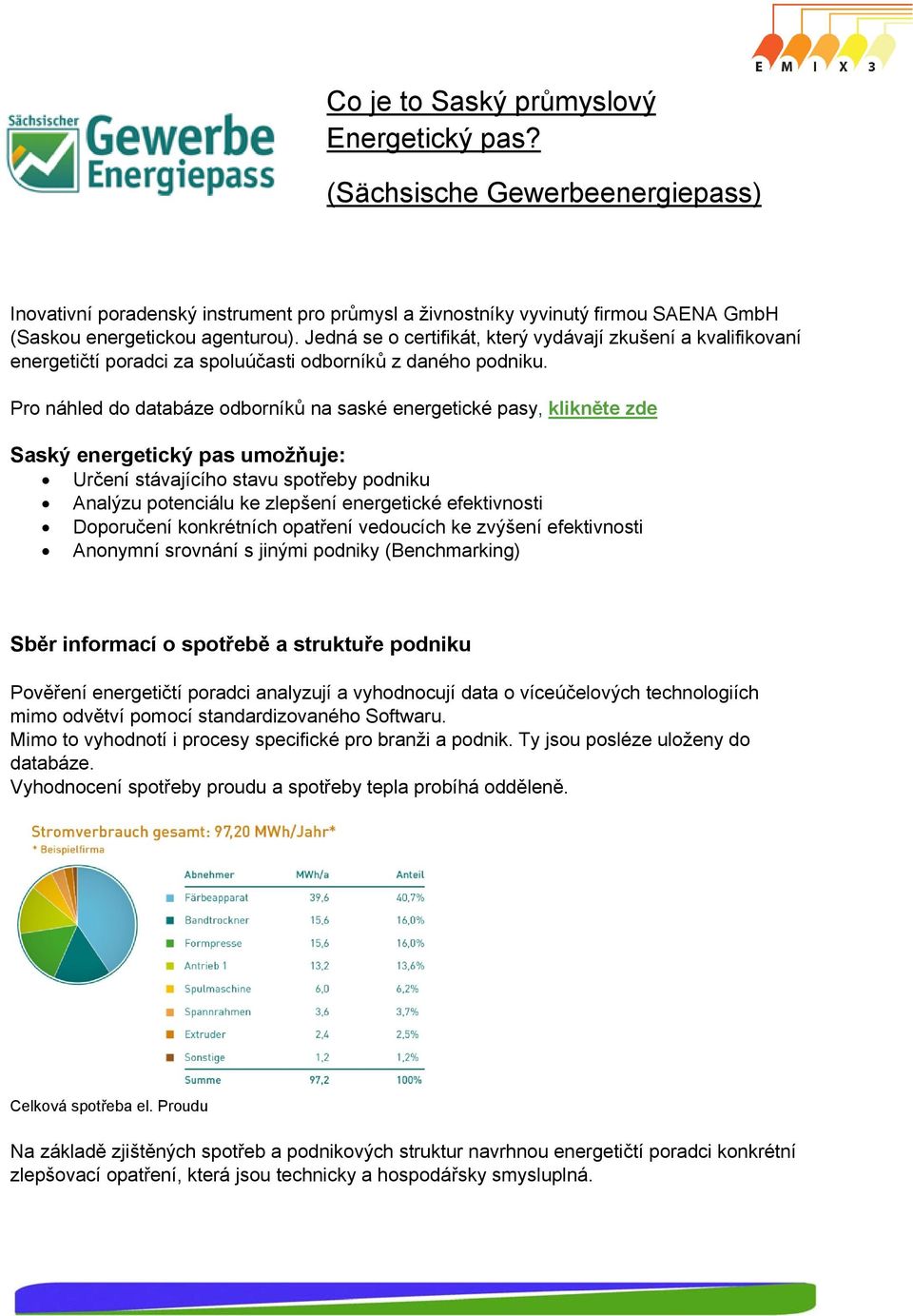 Pro náhled do databáze odborníků na saské energetické pasy, klikněte zde Saský energetický pas umožňuje: Určení stávajícího stavu spotřeby podniku Analýzu potenciálu ke zlepšení energetické