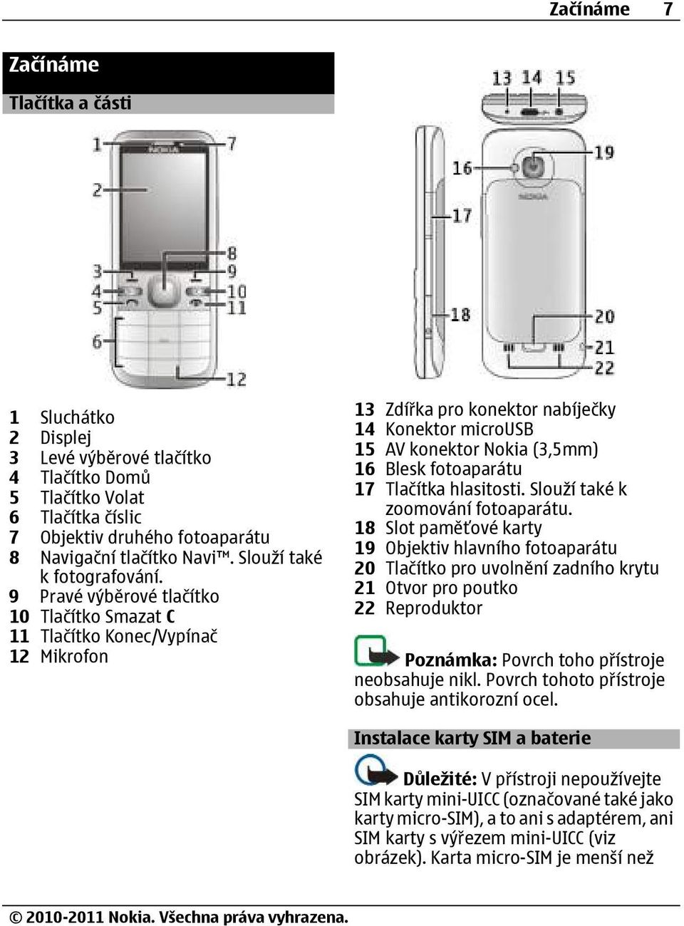 9 Pravé výběrové tlačítko 10 Tlačítko Smazat C 11 Tlačítko Konec/Vypínač 12 Mikrofon 13 Zdířka pro konektor nabíječky 14 Konektor microusb 15 AV konektor Nokia (3,5mm) 16 Blesk fotoaparátu 17