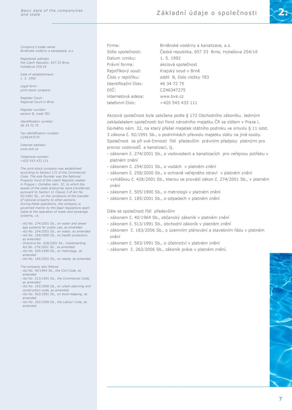 address: www.bvk.cz Telephone number: +420 543 433 111 The joint-stock company was established according to Section 172 of the Commercial Code.