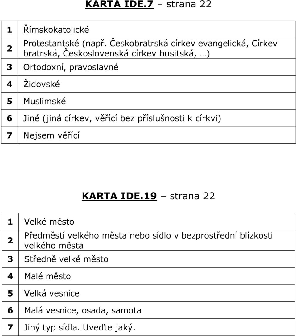 Muslimské 6 Jiné (jiná církev, věřící bez příslušnosti k církvi) 7 Nejsem věřící KARTA IDE.