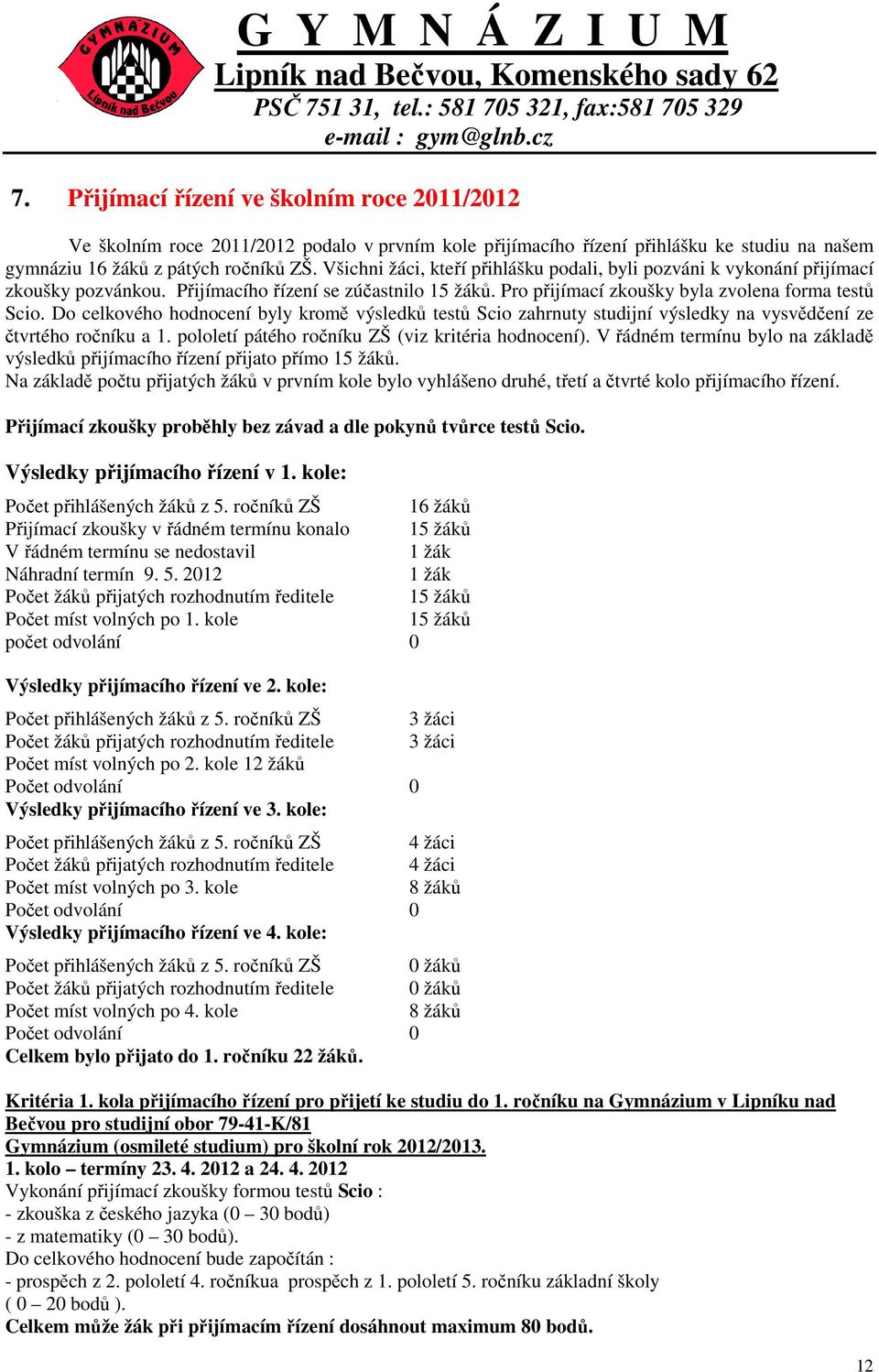 Do celkového hodnocení byly kromě výsledků testů Scio zahrnuty studijní výsledky na vysvědčení ze čtvrtého ročníku a 1. pololetí pátého ročníku ZŠ (viz kritéria hodnocení).