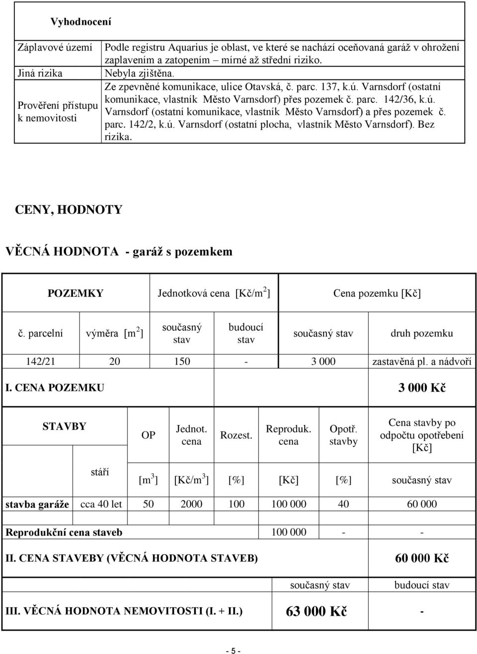 parc. 142/2, k.ú. Varnsdorf (ostatní plocha, vlastník Město Varnsdorf). Bez rizika. CENY, HODNOTY VĚCNÁ HODNOTA - garáž s pozemkem POZEMKY Jednotková cena [Kč/m 2 ] Cena pozemku [Kč] č.