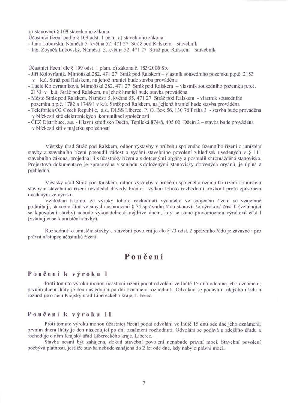 : - Jiří Kolovrátník, Mimoňská 282,471 27 Stráž pod Ralskem - vlastník sousedního pozemku p.p.č. 2183 v k.ú.