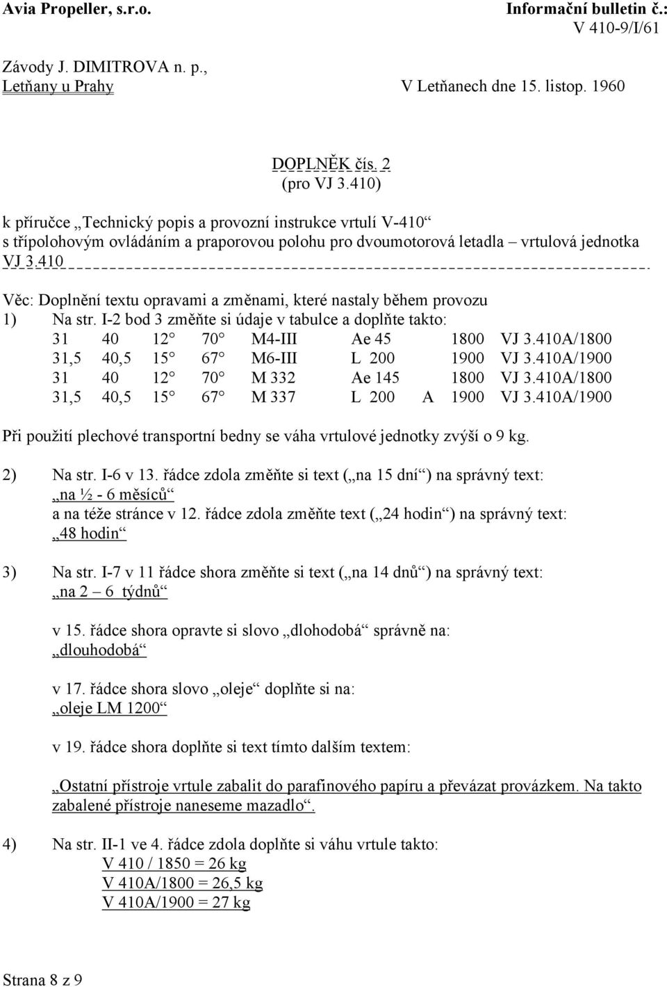 410 Věc: Doplnění textu opravami a změnami, které nastaly během provozu 1) Na str. I-2 bod 3 změňte si údaje v tabulce a doplňte takto: 31 40 12 70 M4-III Ae 45 1800 VJ 3.