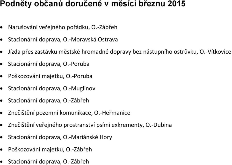 -Poruba Poškozování majetku, O.-Poruba Stacionární doprava, O.-Muglinov Stacionární doprava, O.-Zábřeh Znečištění pozemní komunikace, O.