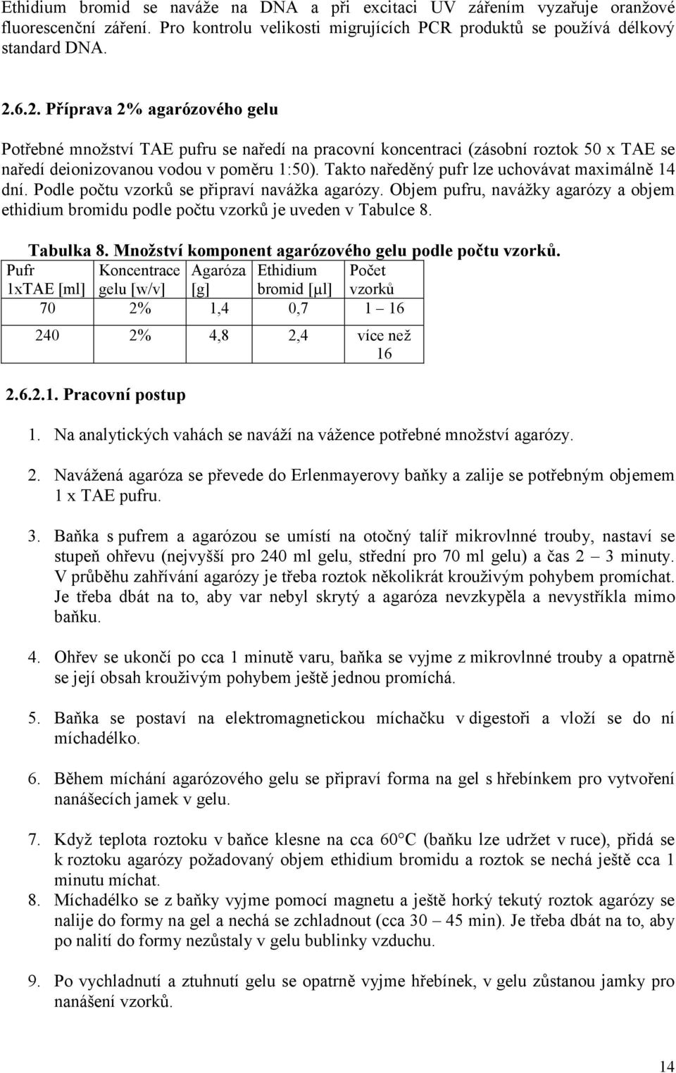 Takto naředěný pufr lze uchovávat maximálně 14 dní. Podle počtu vzorků se připraví navážka agarózy. Objem pufru, navážky agarózy a objem ethidium bromidu podle počtu vzorků je uveden v Tabulce 8.