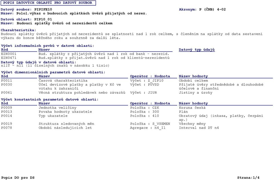 sestavení výkazu do konce běžného roku a souhrnně za další léta. Výčet informačních prvků v datové oblasti: Kód Název EIN0001 Bud. splátky z přijatých úvěrů nad 1 rok od bank - nerezid. EIN0471 Bud.