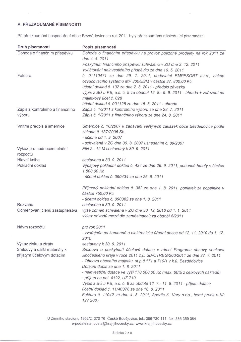 2011 Vyúčtovánf neinvestičního příspěvku ze dne 10. 5. 2011 Č. 01110471 ze dne 29. 7. 2011, dodavatel EMPESORT s.r.o., nákup ozvučovacího systému MP 300/ESM v částce 37. 800,00 Kč účetní doklad Č.