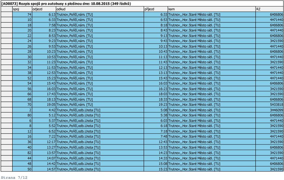 Staré Město sídl. [TU] 6H06806 24 9:23 Trutnov,Poříčí,nám. [TU] 9:43 Trutnov,,Hor.Staré Město sídl. [TU] 3H21590 26 9:53 Trutnov,Poříčí,nám. [TU] 10:13 Trutnov,,Hor.Staré Město sídl. [TU] 4H71440 28 10:23 Trutnov,Poříčí,nám.